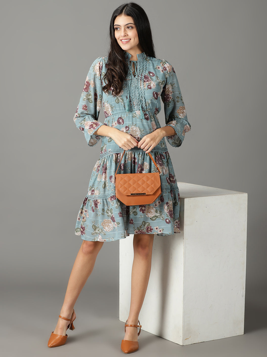 Women's Teal Floral Tie-Up Neck Chiffon A-Line Dress