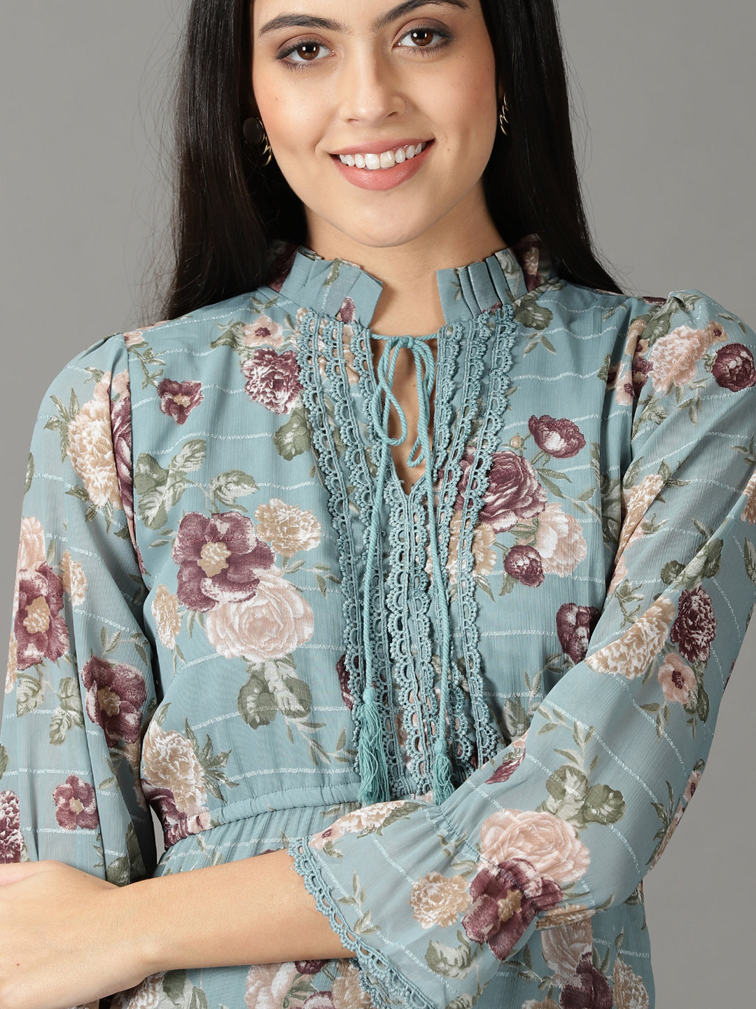 Women's Teal Floral Tie-Up Neck Chiffon A-Line Dress