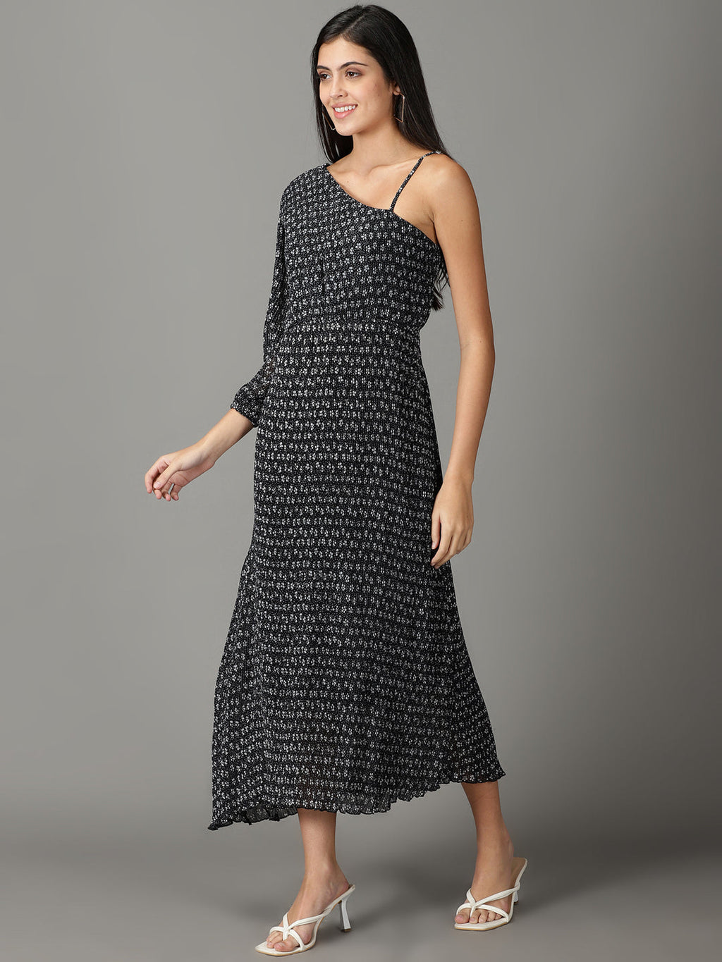 Women's Black Floral One Shoulder Chiffon A-Line Midi Dress
