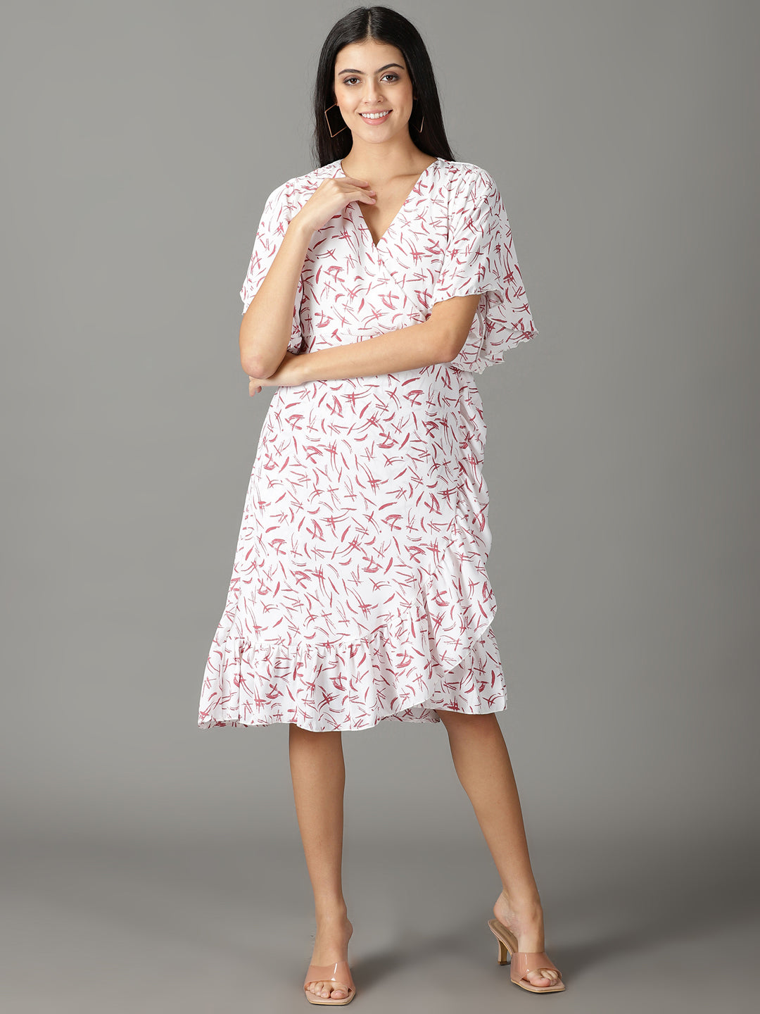 Women's White Floral Crepe A-Line Dress
