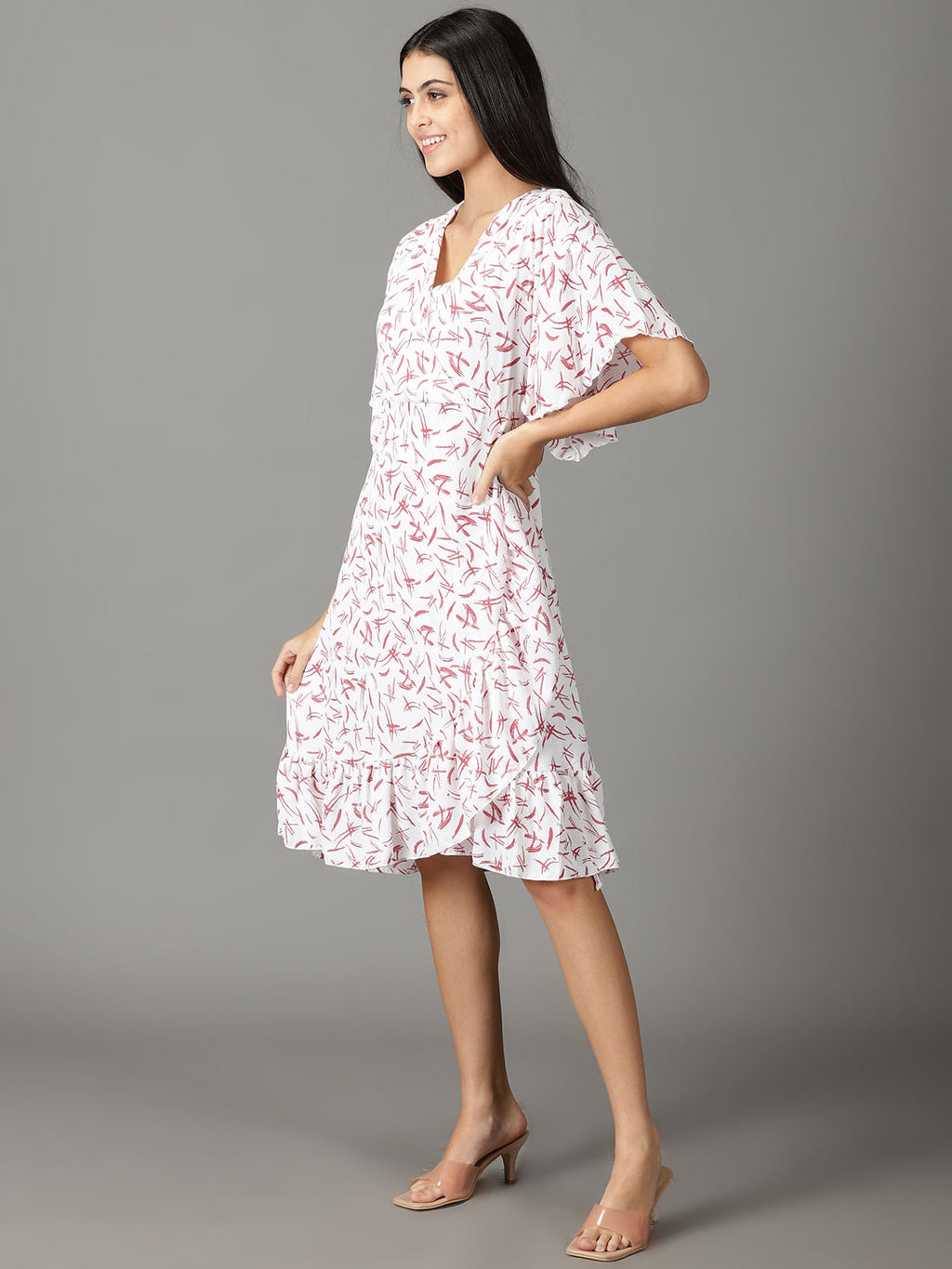 Women's White Floral Crepe A-Line Dress