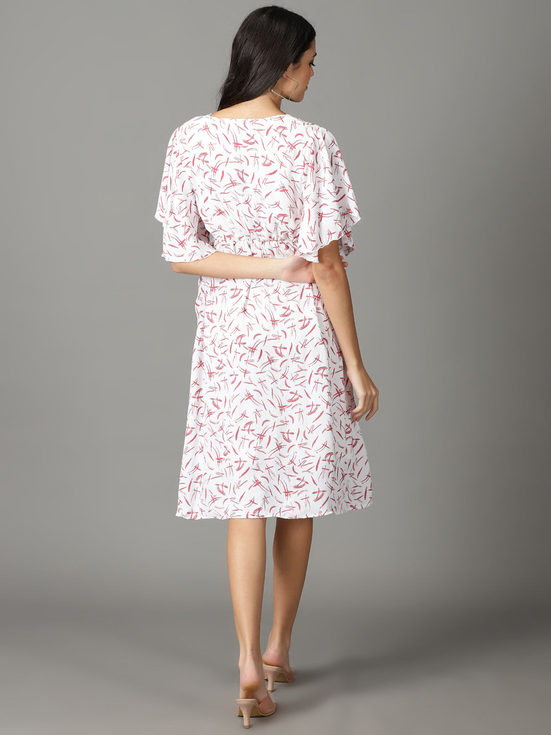 Women's White Floral Crepe A-Line Dress