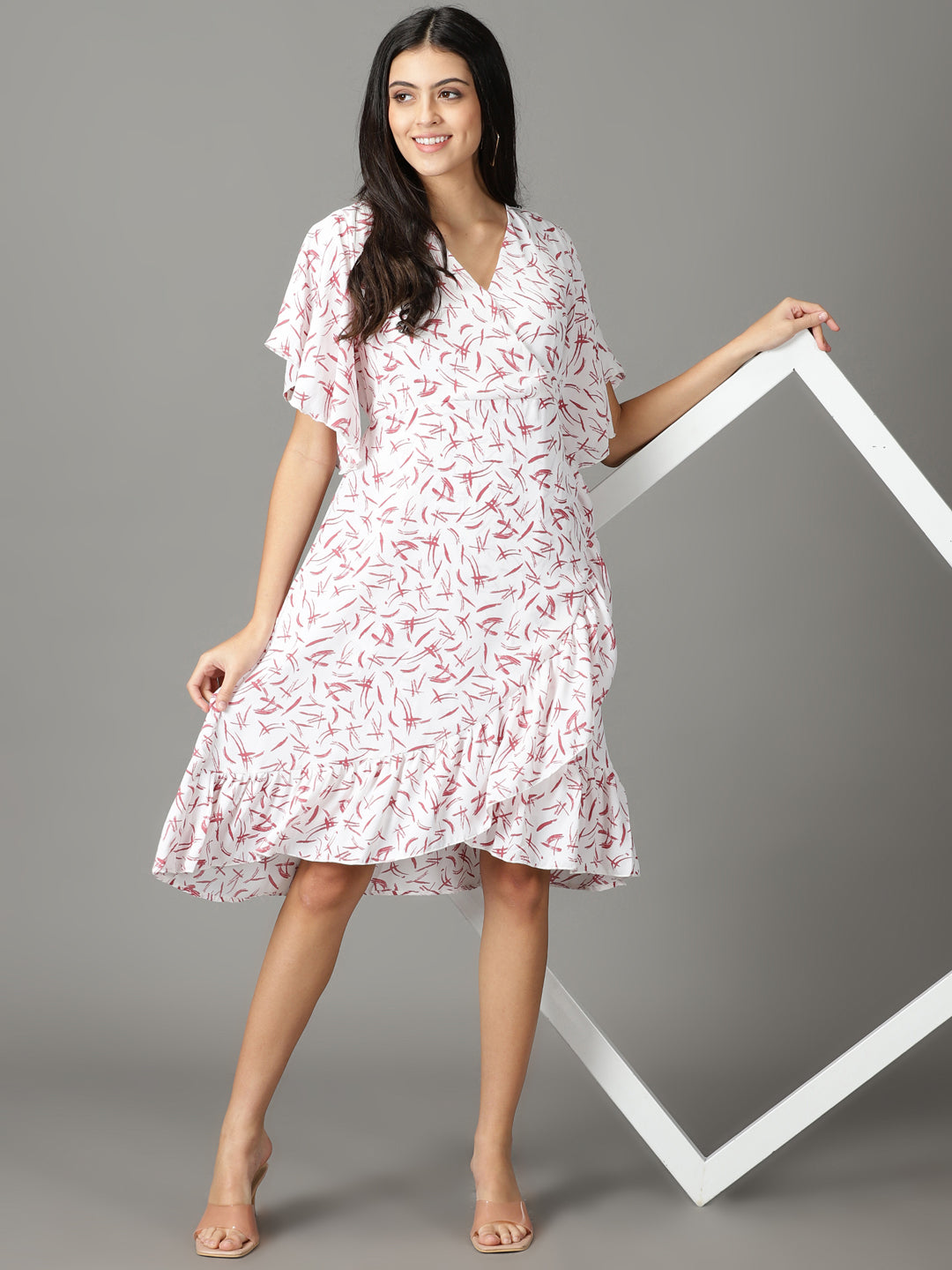 Women's White Floral Crepe A-Line Dress