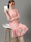 Women's Peach Square Neck Floral Printed Crepe Fit & Flare Dress