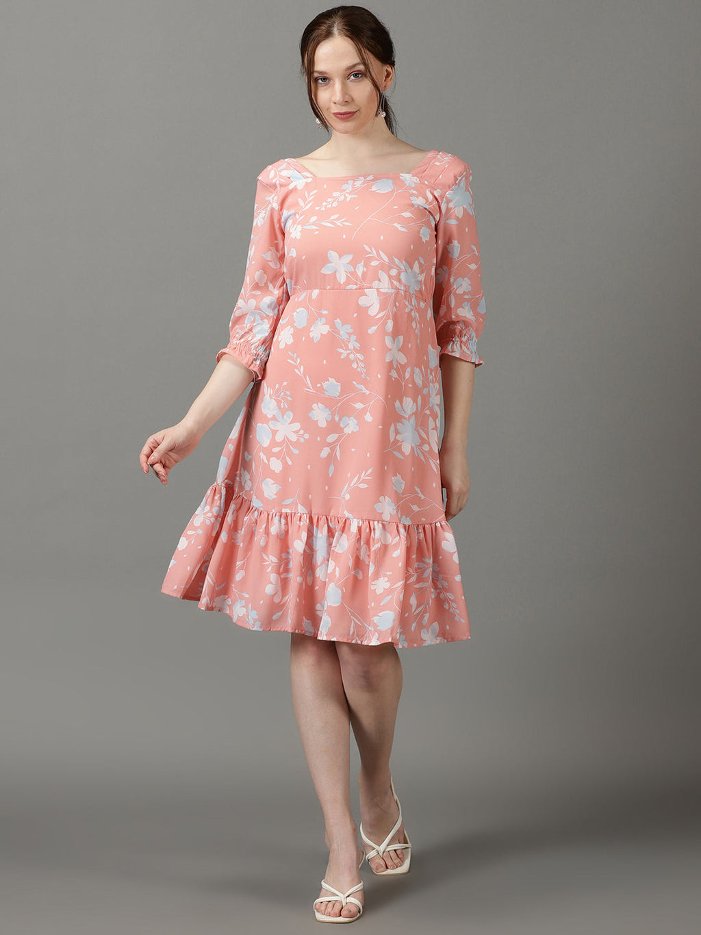 Women's Peach Square Neck Floral Printed Crepe Fit & Flare Dress