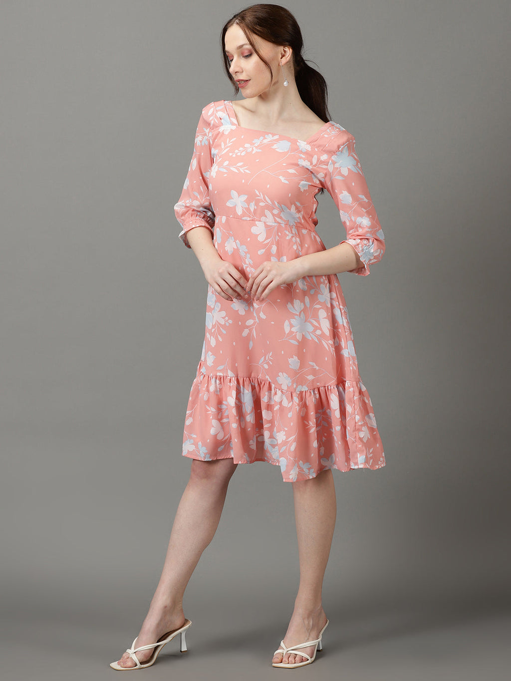 Women's Peach Square Neck Floral Printed Crepe Fit & Flare Dress