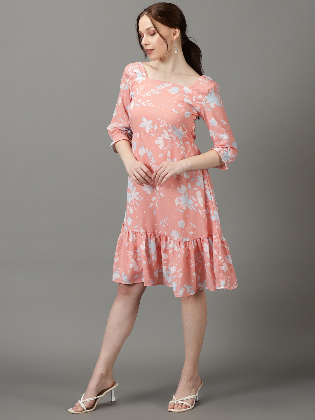 Women's Peach Square Neck Floral Printed Crepe Fit & Flare Dress