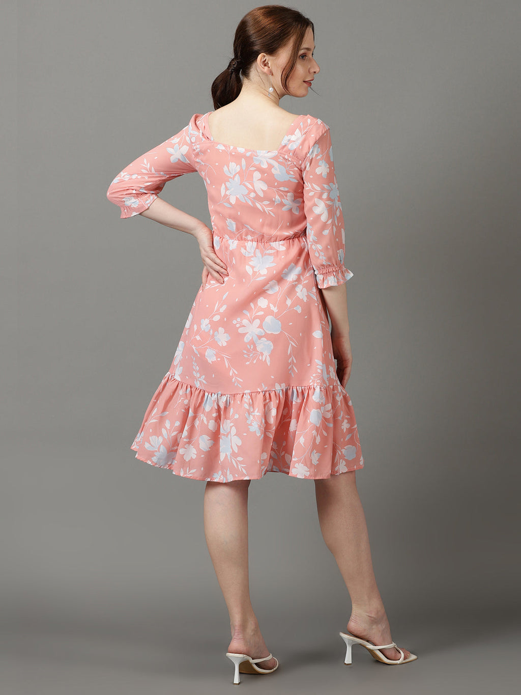 Women's Peach Square Neck Floral Printed Crepe Fit & Flare Dress
