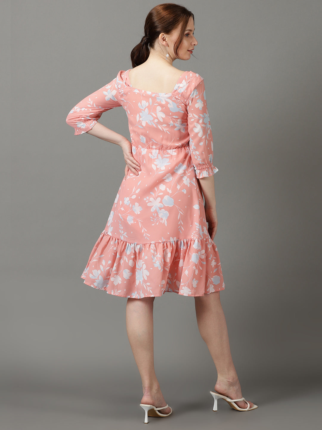 Women's Peach Square Neck Floral Printed Crepe Fit & Flare Dress