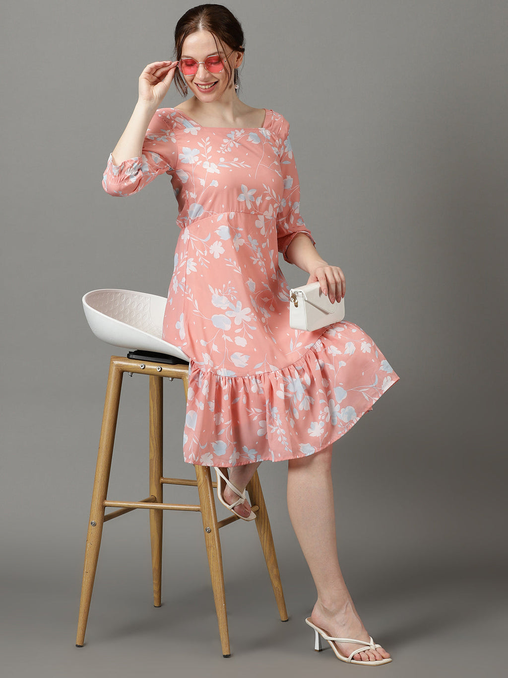 Women's Peach Square Neck Floral Printed Crepe Fit & Flare Dress