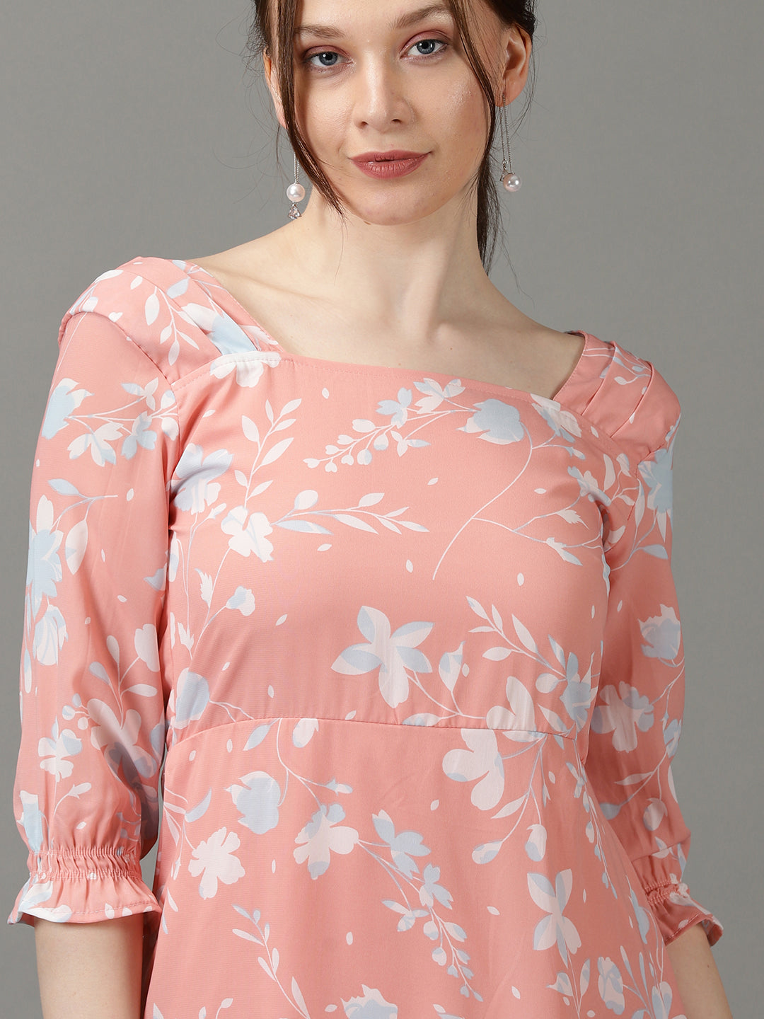 Women's Peach Square Neck Floral Printed Crepe Fit & Flare Dress