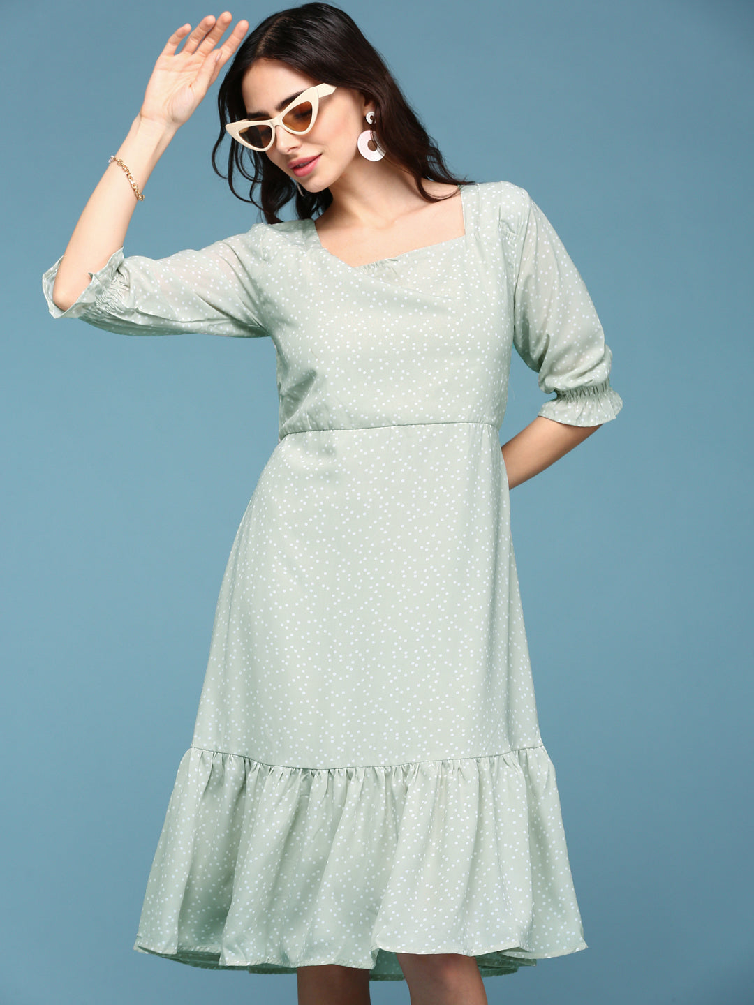 Women's Green Square Neck Fit & Flare Midi Dress