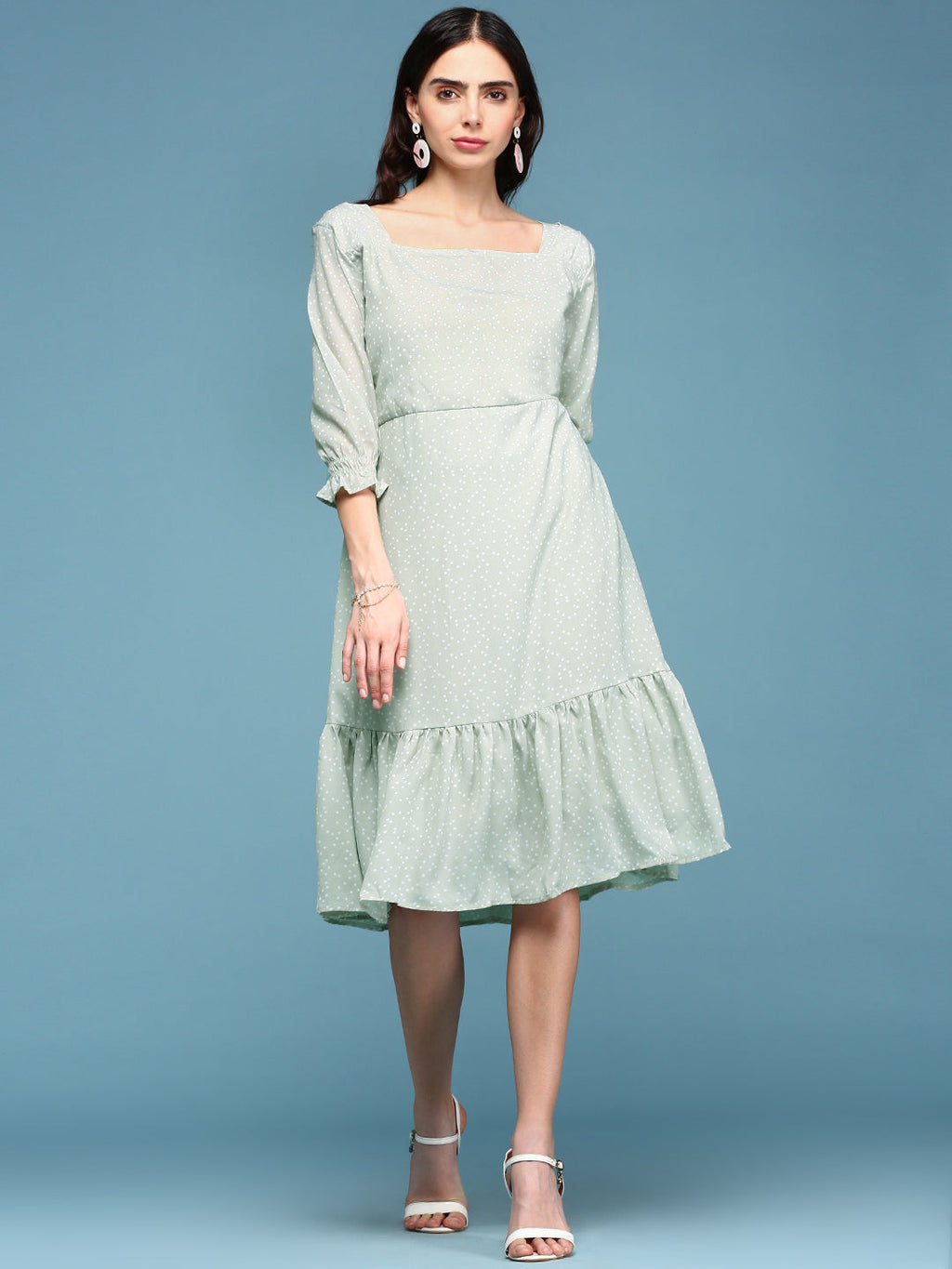 Women's Green Square Neck Fit & Flare Midi Dress