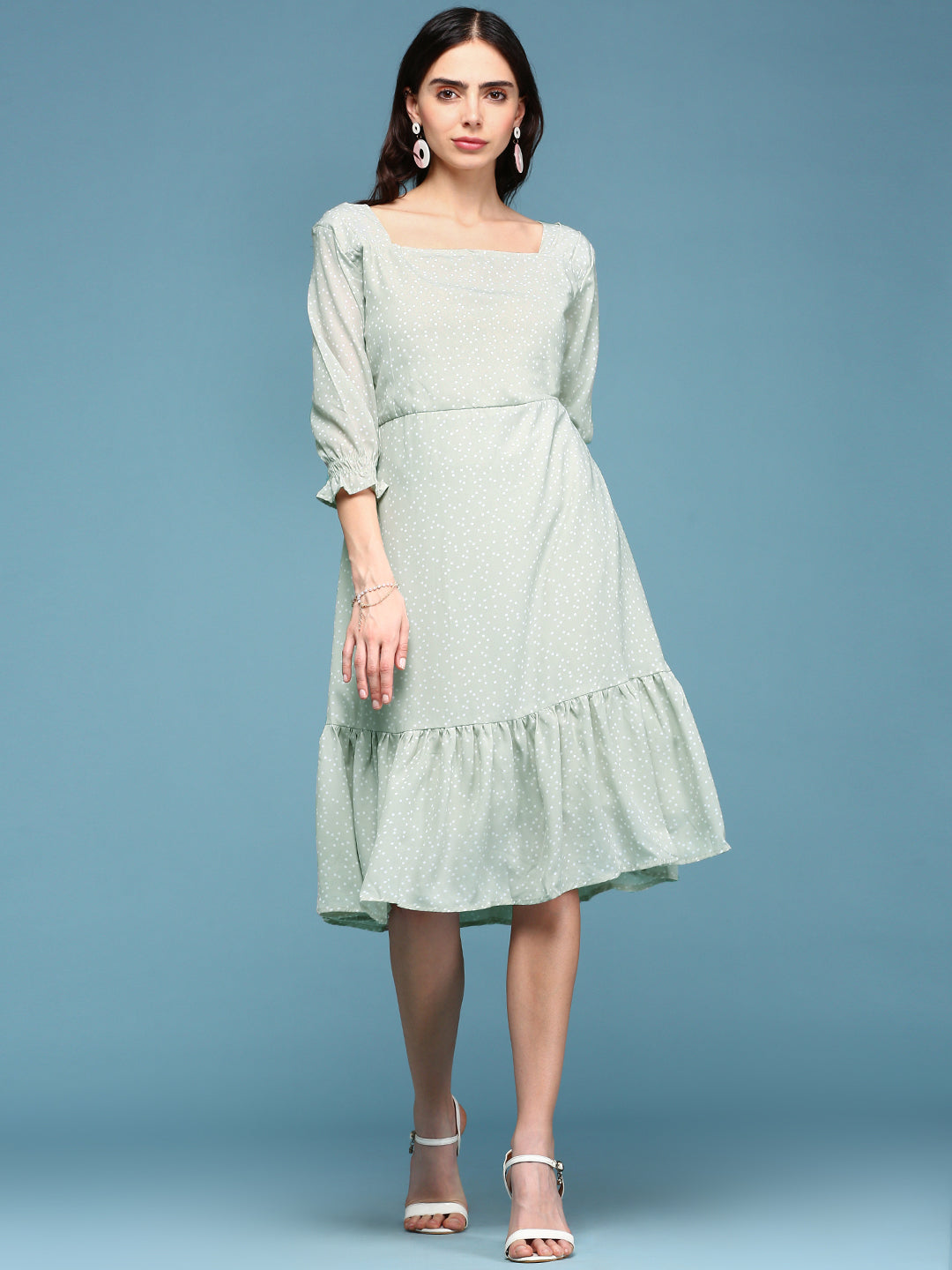 Women's Green Square Neck Fit & Flare Midi Dress