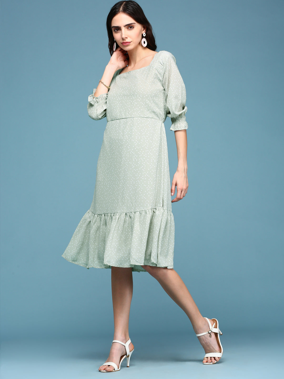 Women's Green Square Neck Fit & Flare Midi Dress