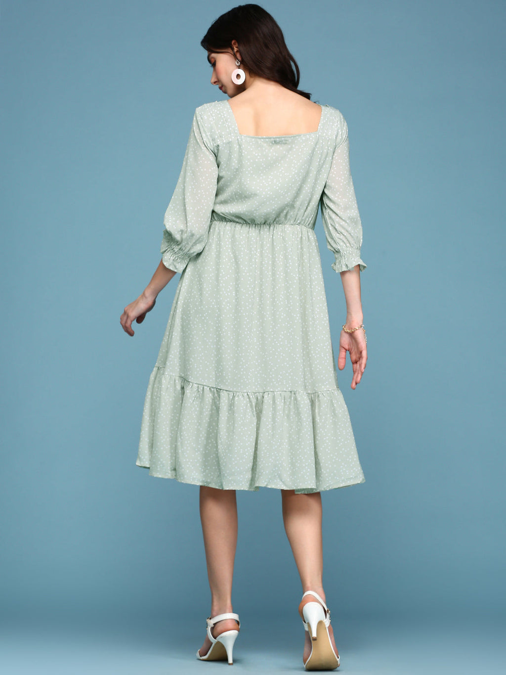 Women's Green Square Neck Fit & Flare Midi Dress