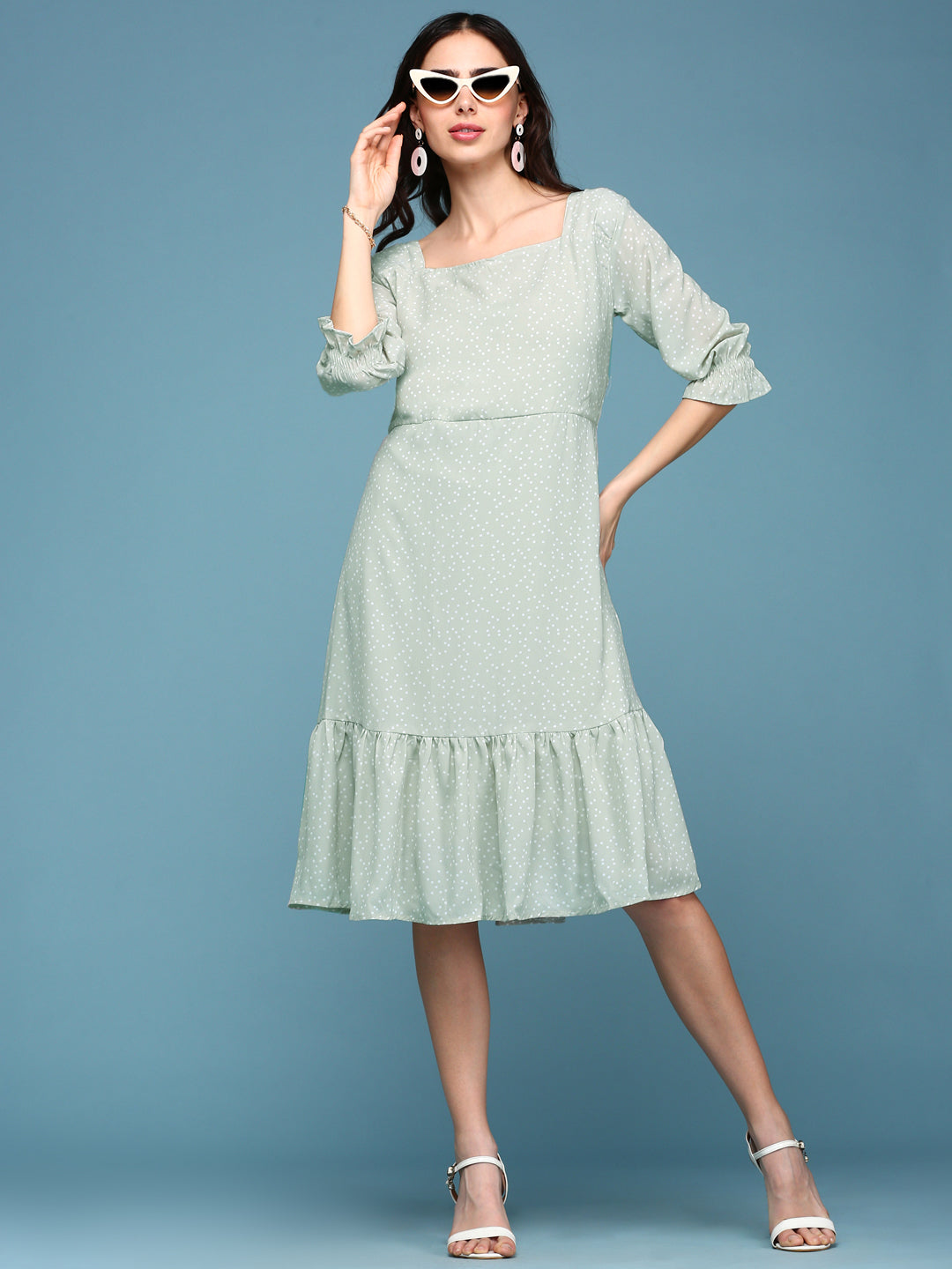 Women's Green Square Neck Fit & Flare Midi Dress