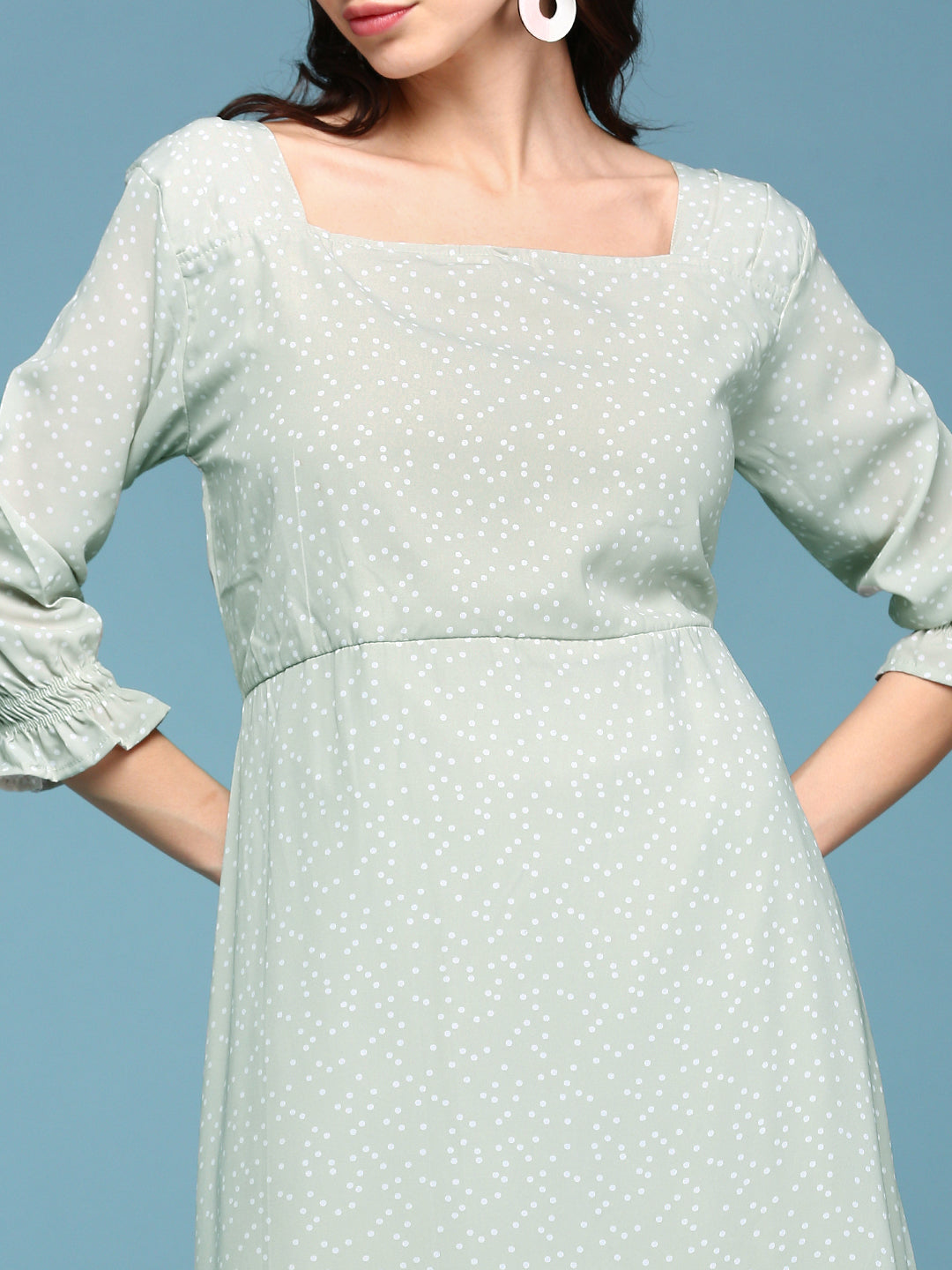 Women's Green Square Neck Fit & Flare Midi Dress