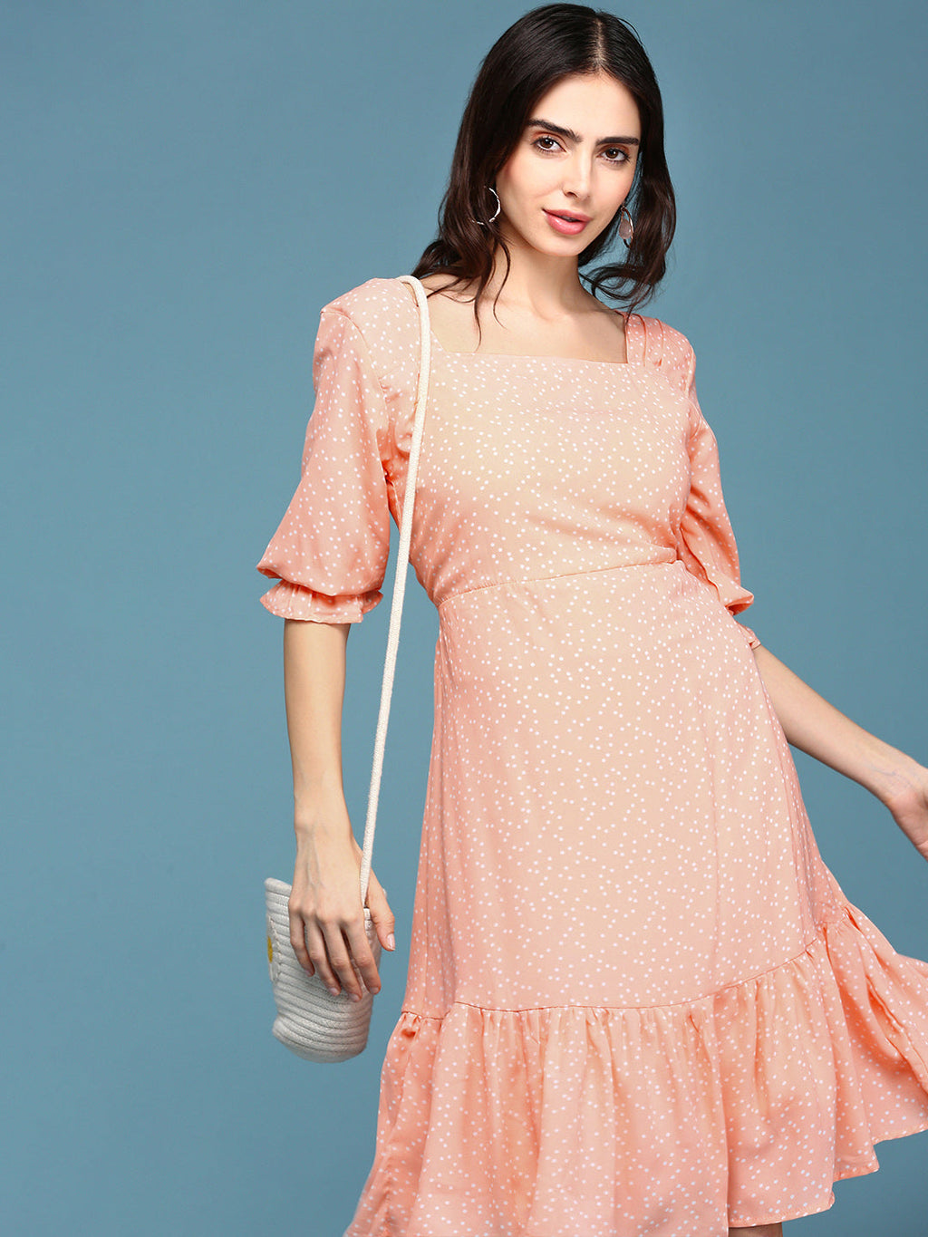 Women's Peach Polka Dots Printed Square Neck Fit & Flare Dress