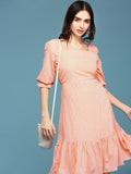 Women's Peach Polka Dots Printed Square Neck Fit & Flare Dress
