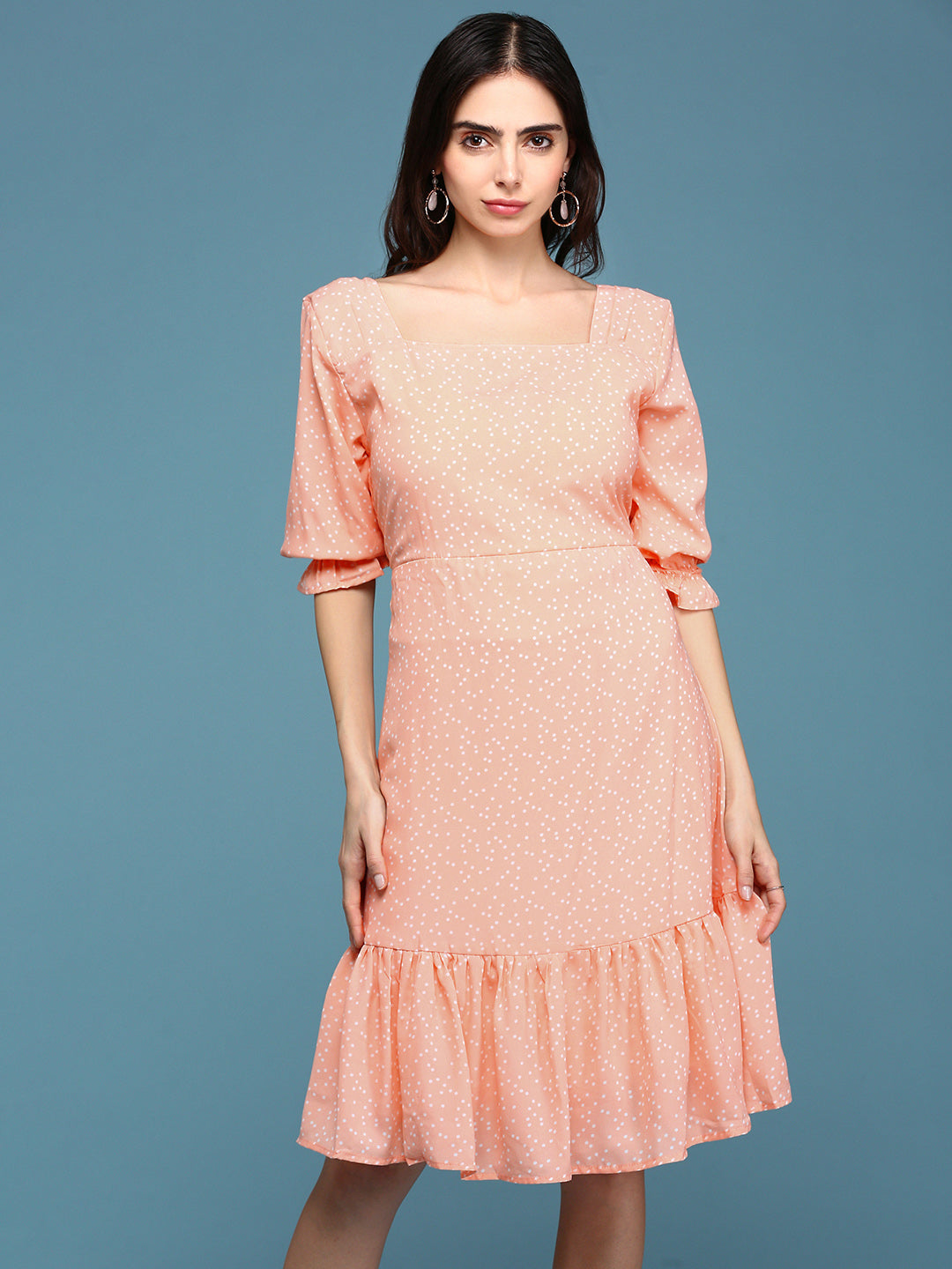 Women's Peach Polka Dots Printed Square Neck Fit & Flare Dress