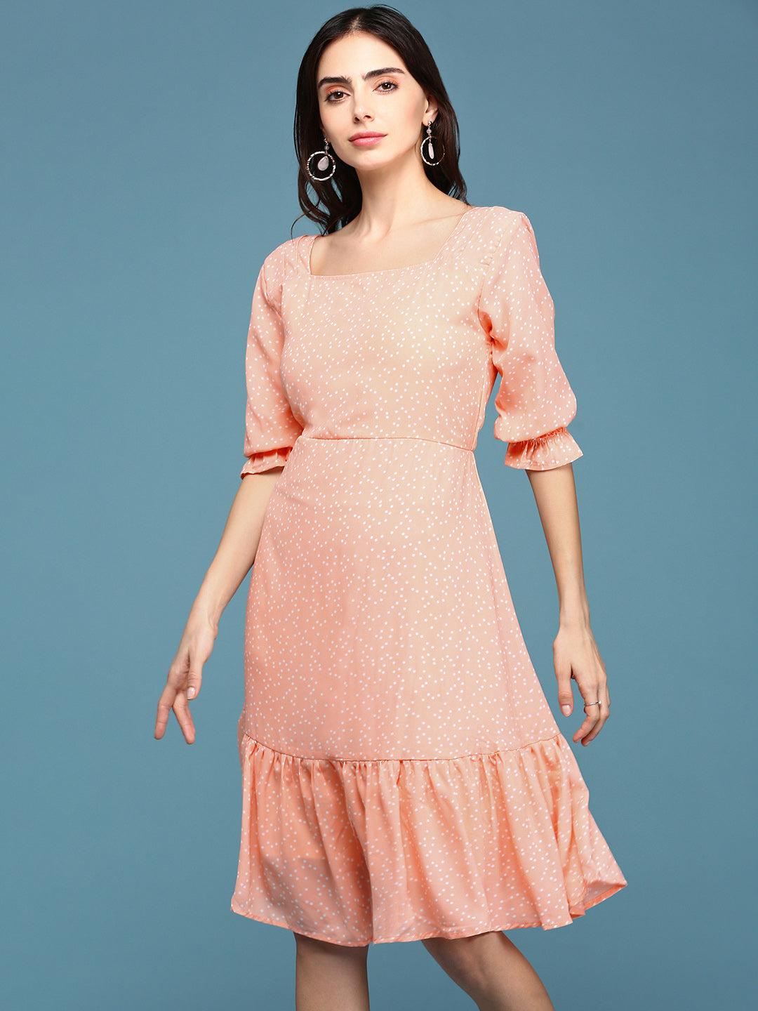 Women's Peach Polka Dots Printed Square Neck Fit & Flare Dress