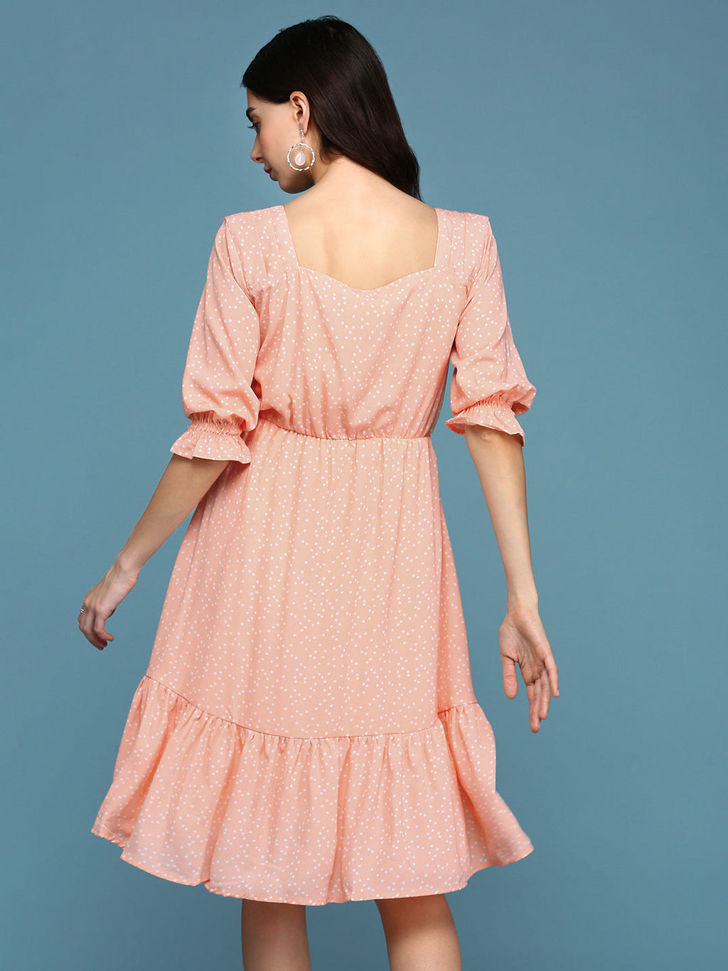 Women's Peach Polka Dots Printed Square Neck Fit & Flare Dress