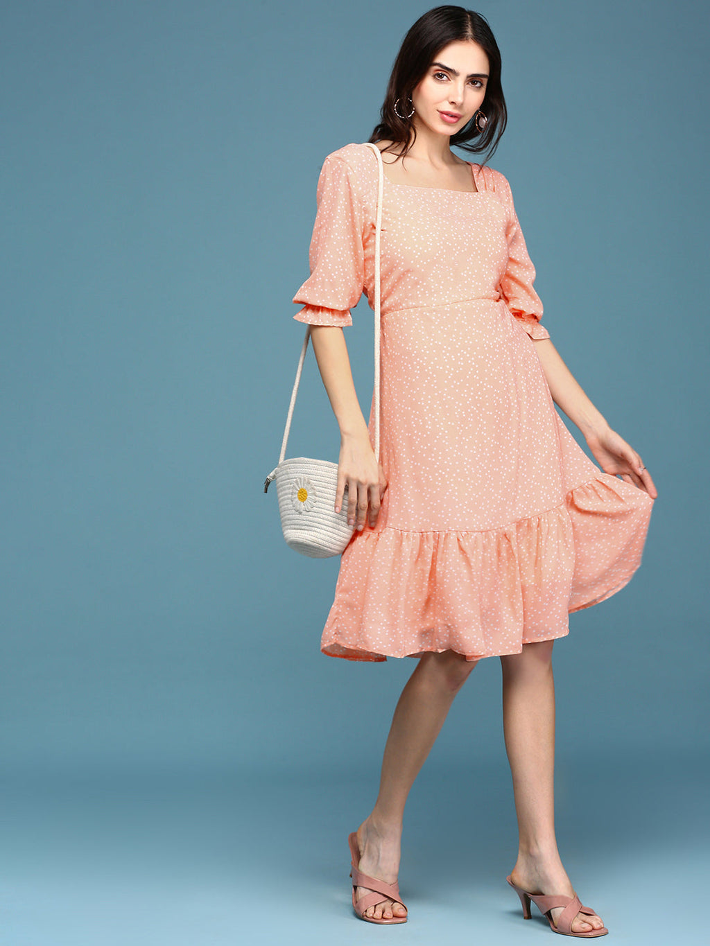 Women's Peach Polka Dots Printed Square Neck Fit & Flare Dress