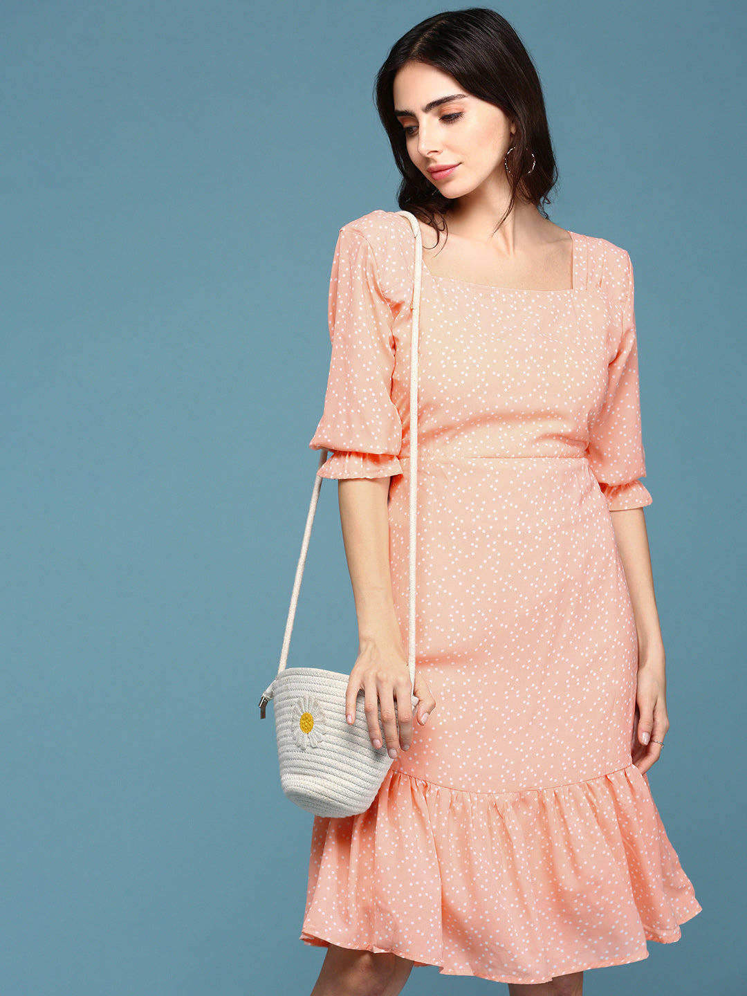 Women's Peach Polka Dots Printed Square Neck Fit & Flare Dress