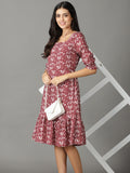 Women's Maroon Ethnic Motifs Chiffon A-Line Midi Dress