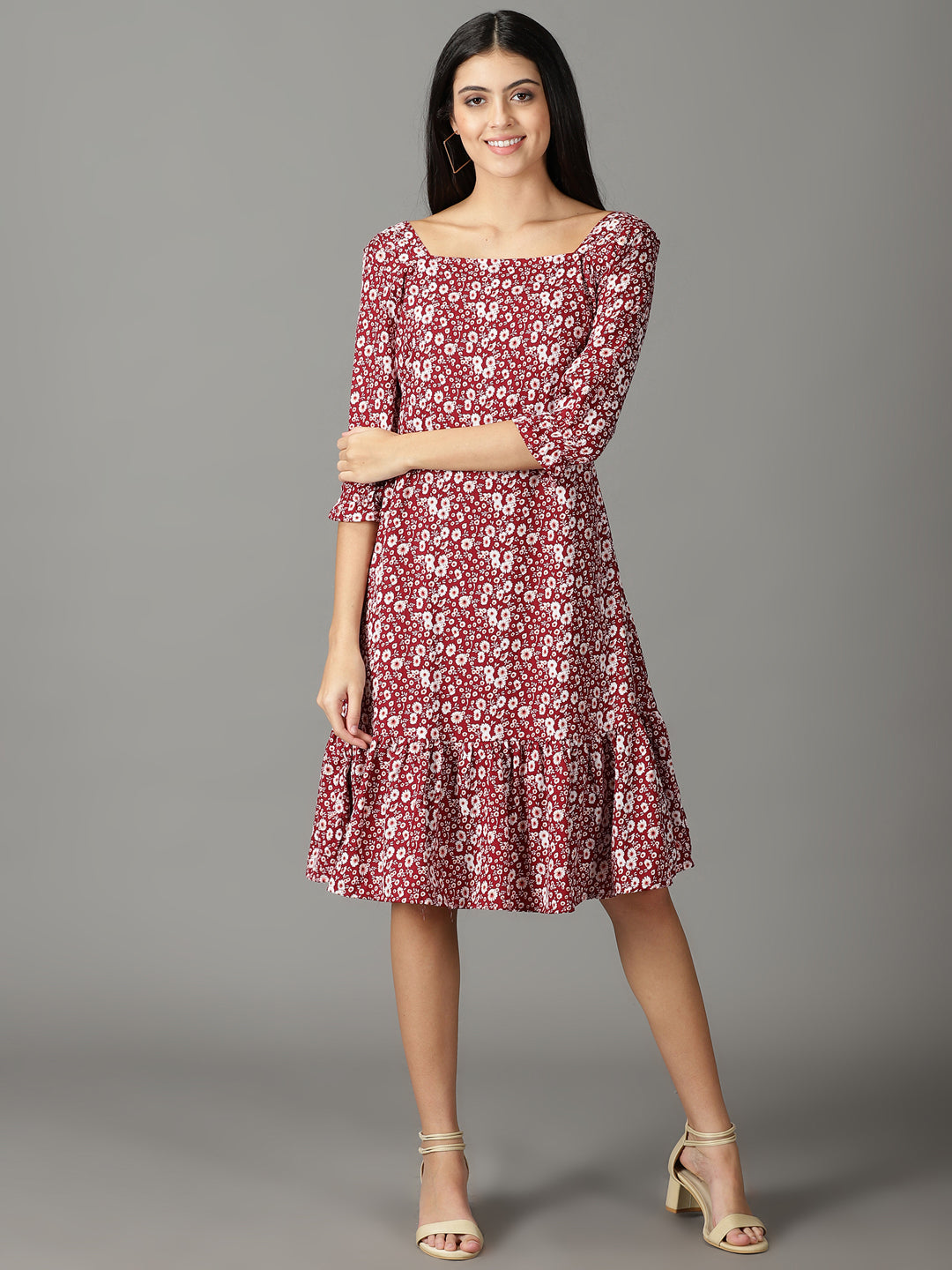 Women's Maroon Ethnic Motifs Chiffon A-Line Midi Dress