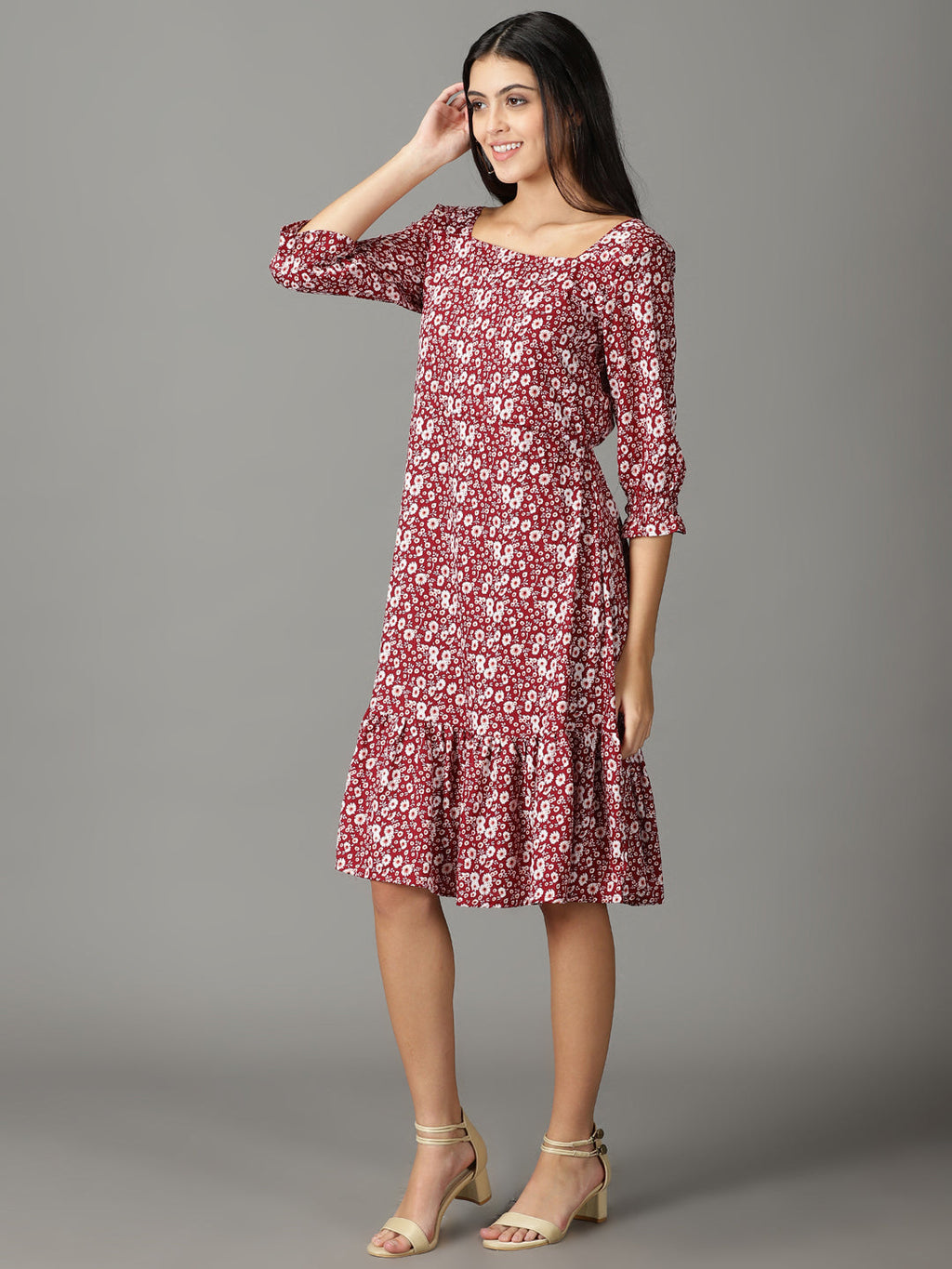 Women's Maroon Ethnic Motifs Chiffon A-Line Midi Dress
