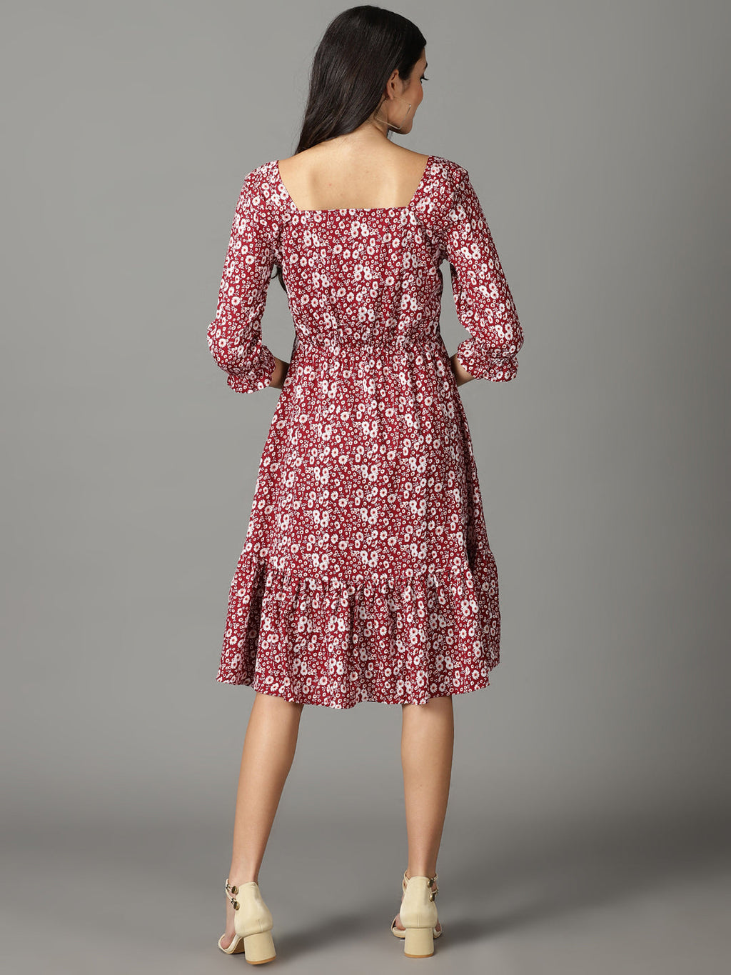 Women's Maroon Ethnic Motifs Chiffon A-Line Midi Dress