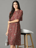 Women's Maroon Ethnic Motifs Crepe A-Line Midi Dress