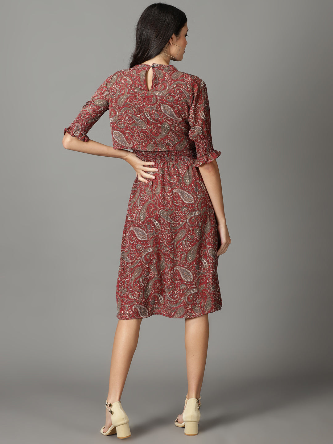Women's Maroon Ethnic Motifs Crepe A-Line Midi Dress