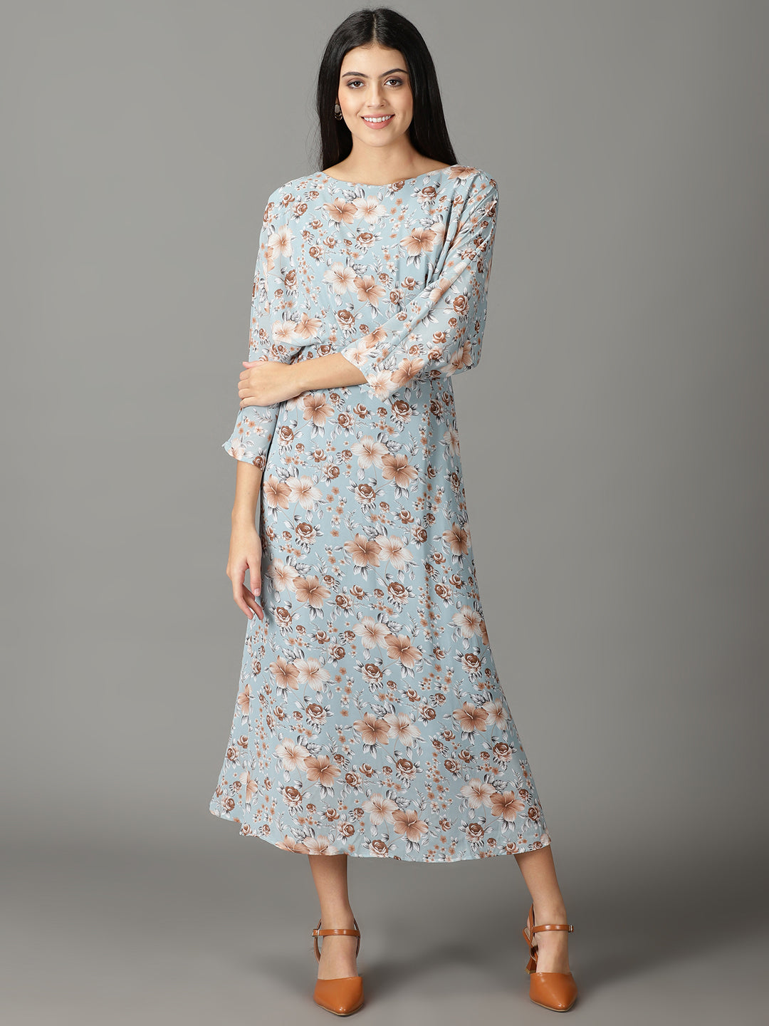 Women's Blue Floral Printed Boat Neck A-Line Maxi Dress