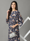 Women's Navy Blue Floral Printed A-Line Dress