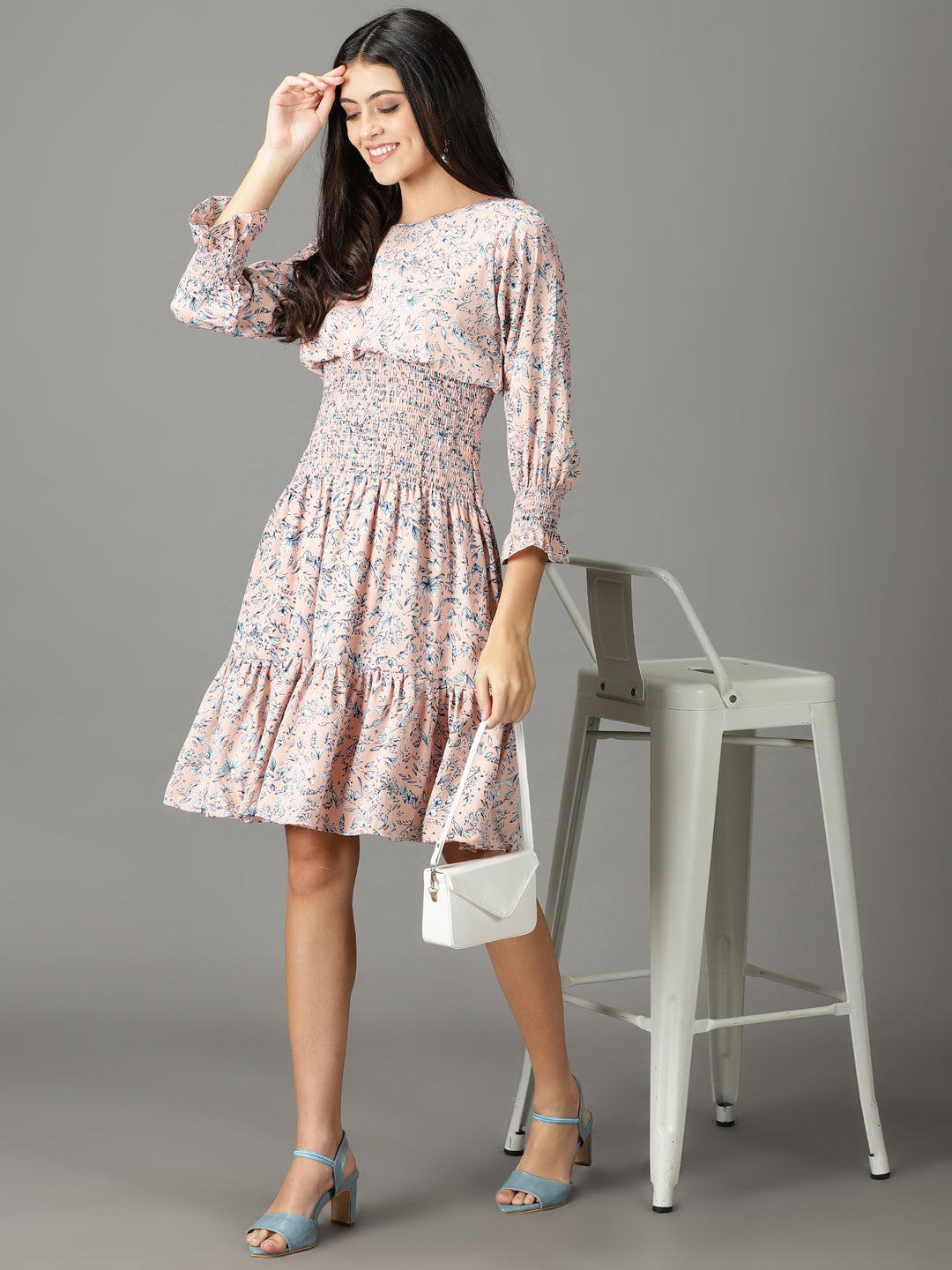 Women's Peach Floral Printed Smocked Detailed A-Line Dress