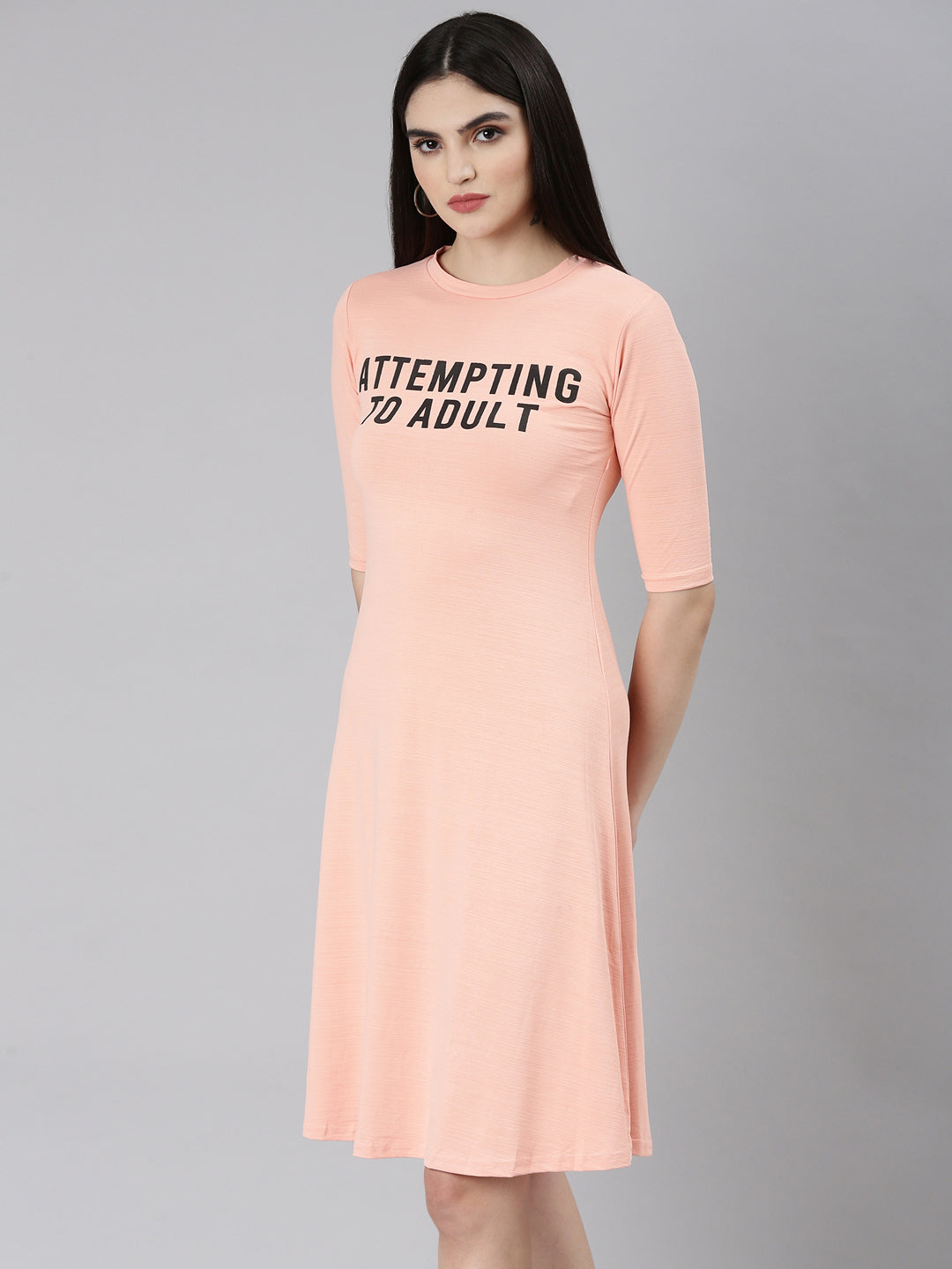 Women's Peach Typography Printed Cotton T-Shirt Dress