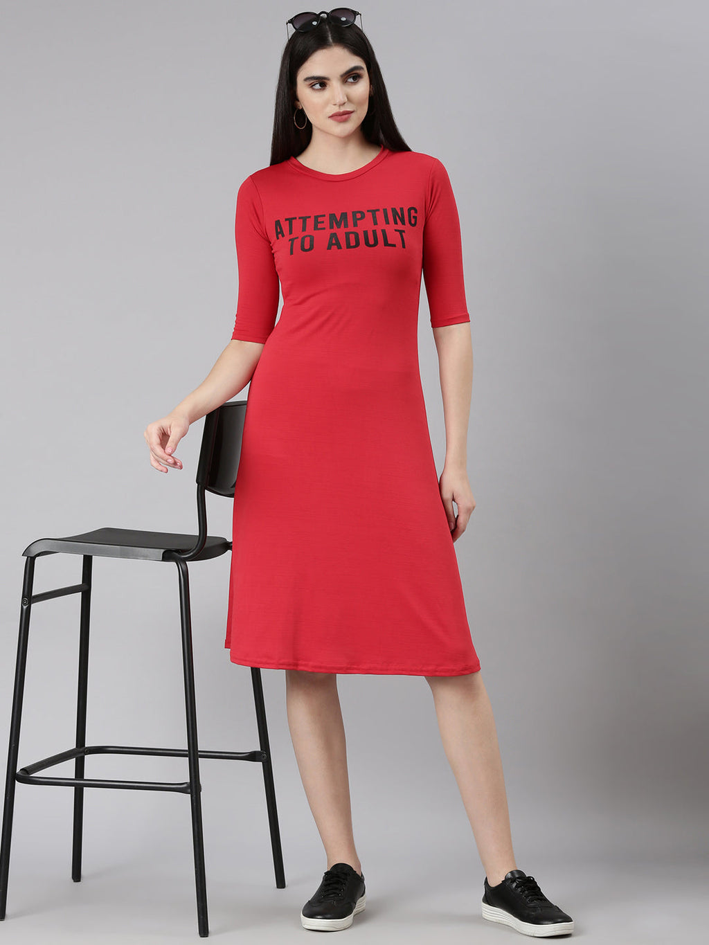 Women's Red Typography Printed T-shirt Dress