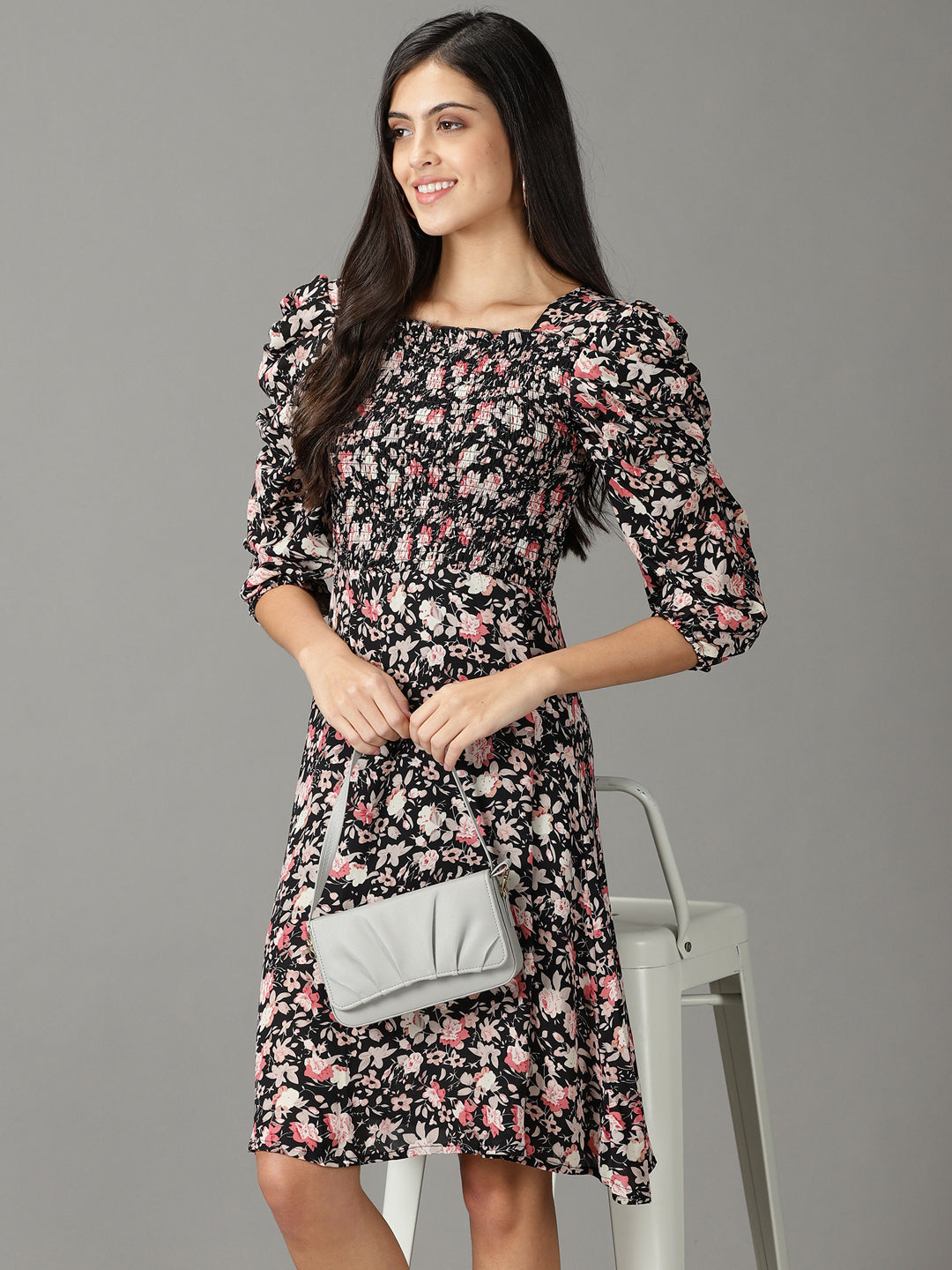 Women's Black Floral A-Line Dress
