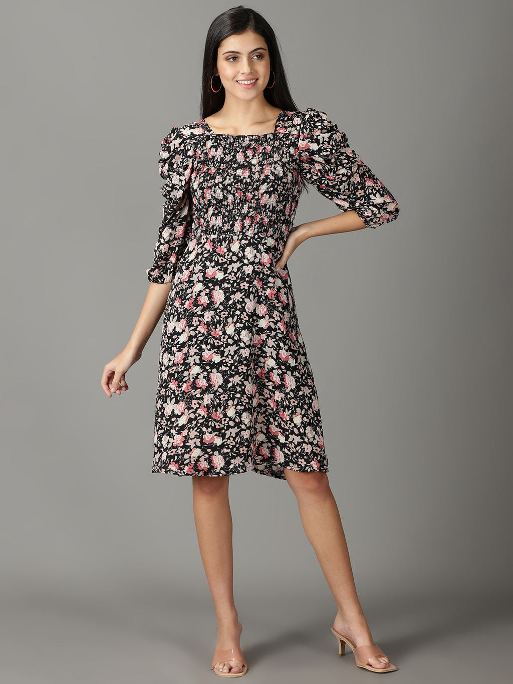 Women's Black Floral A-Line Dress