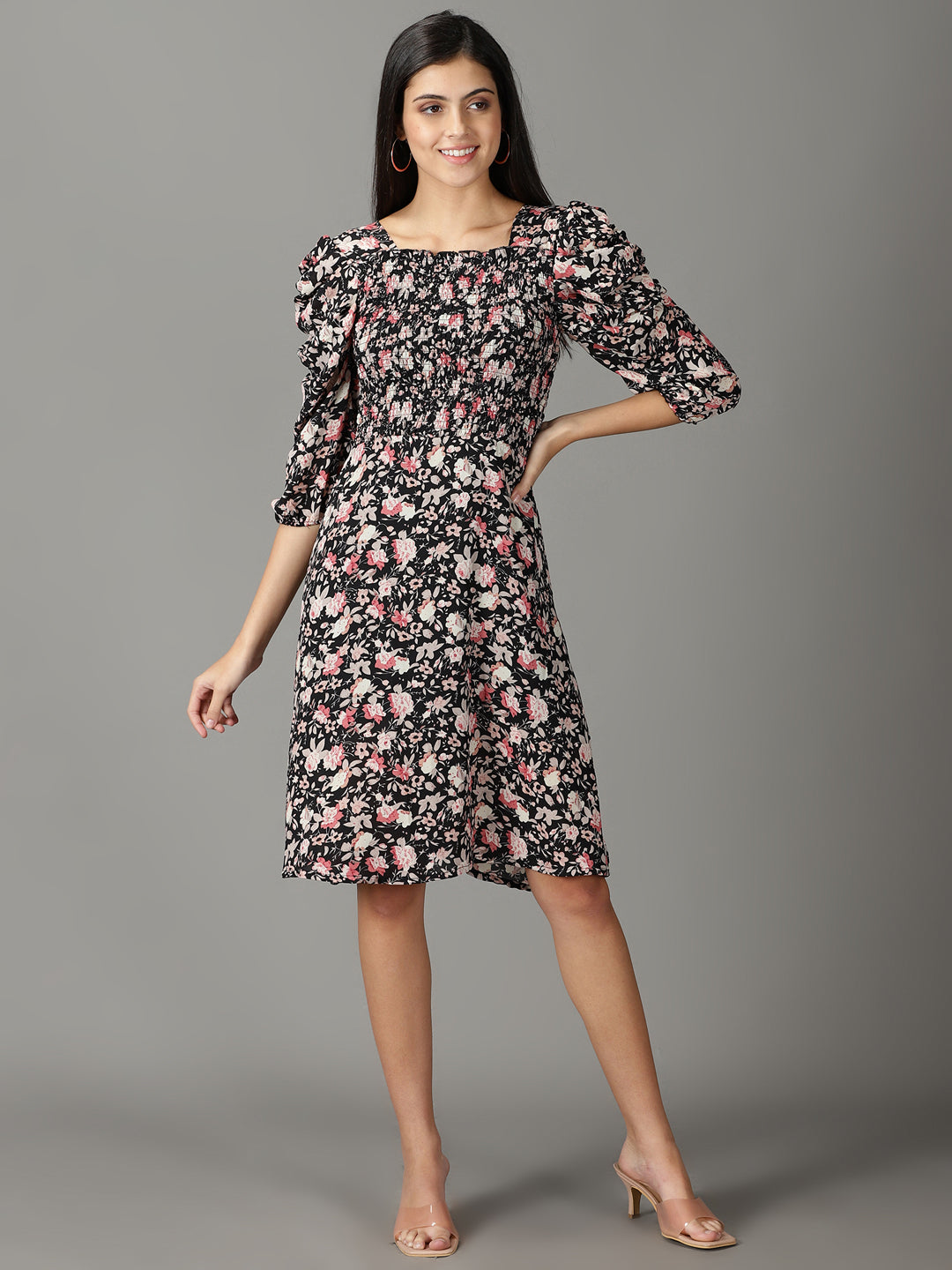 Women's Black Floral A-Line Dress