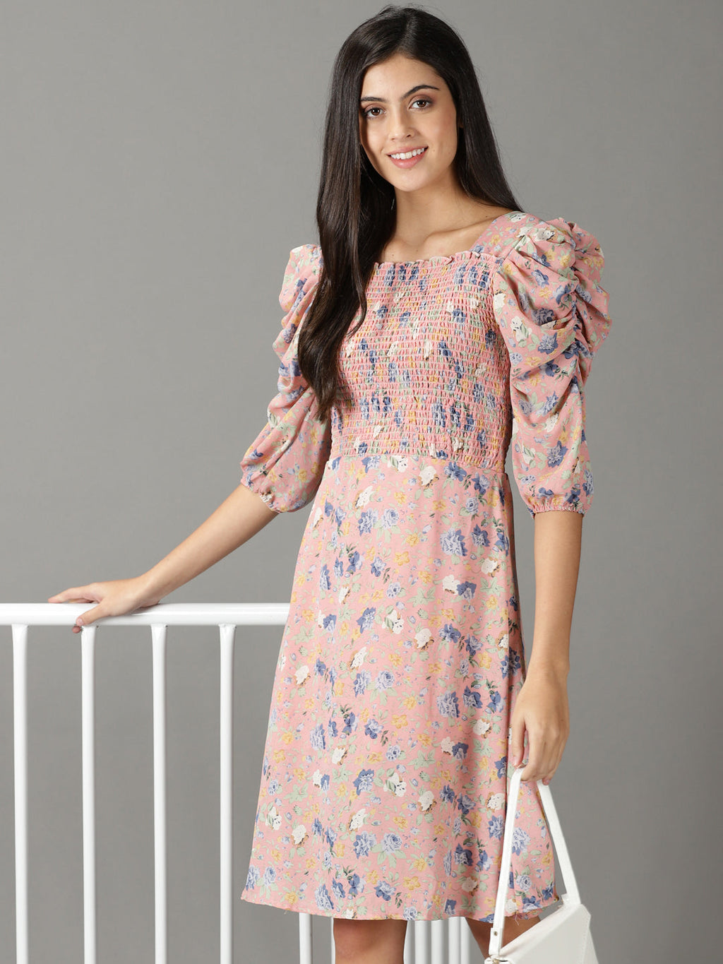 Women's Pink Floral Chiffon A-Line Dress