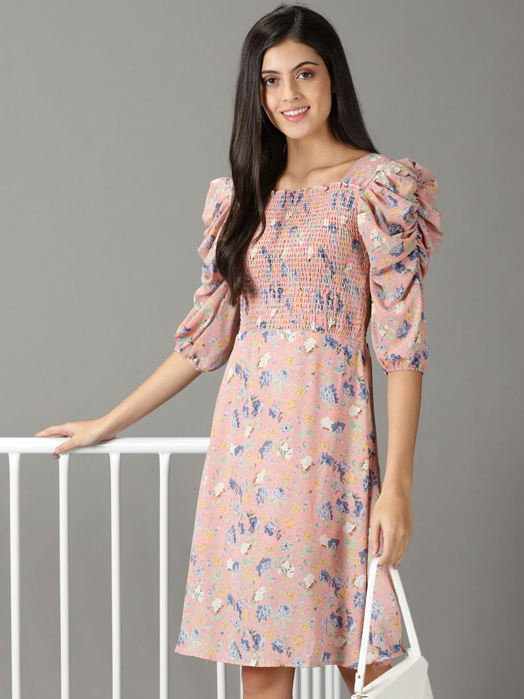 Women's Pink Floral Chiffon A-Line Dress