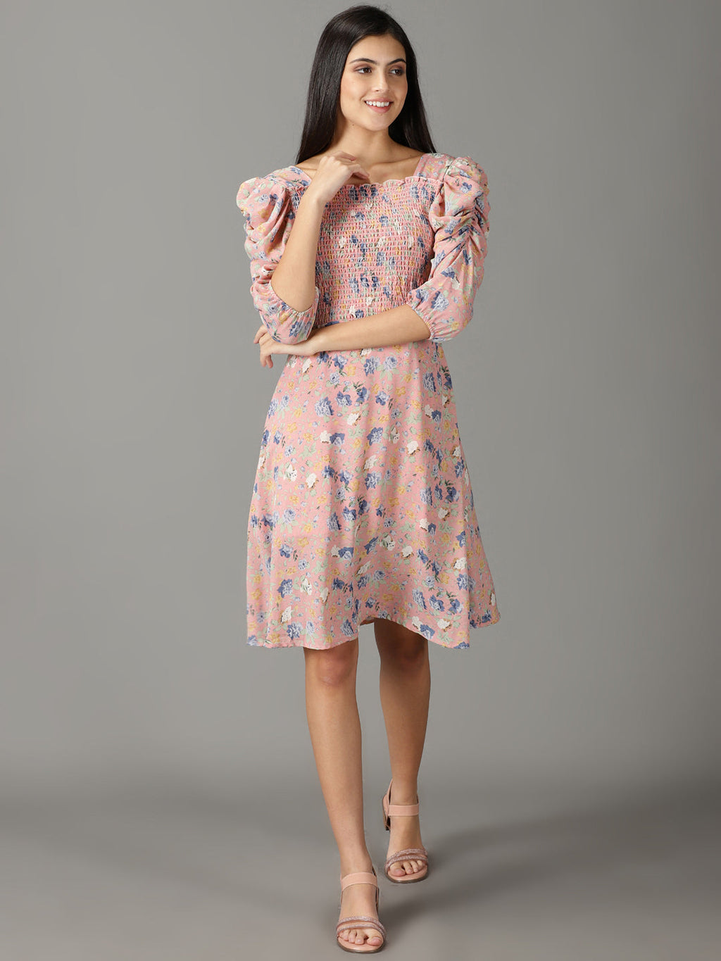 Women's Pink Floral Chiffon A-Line Dress