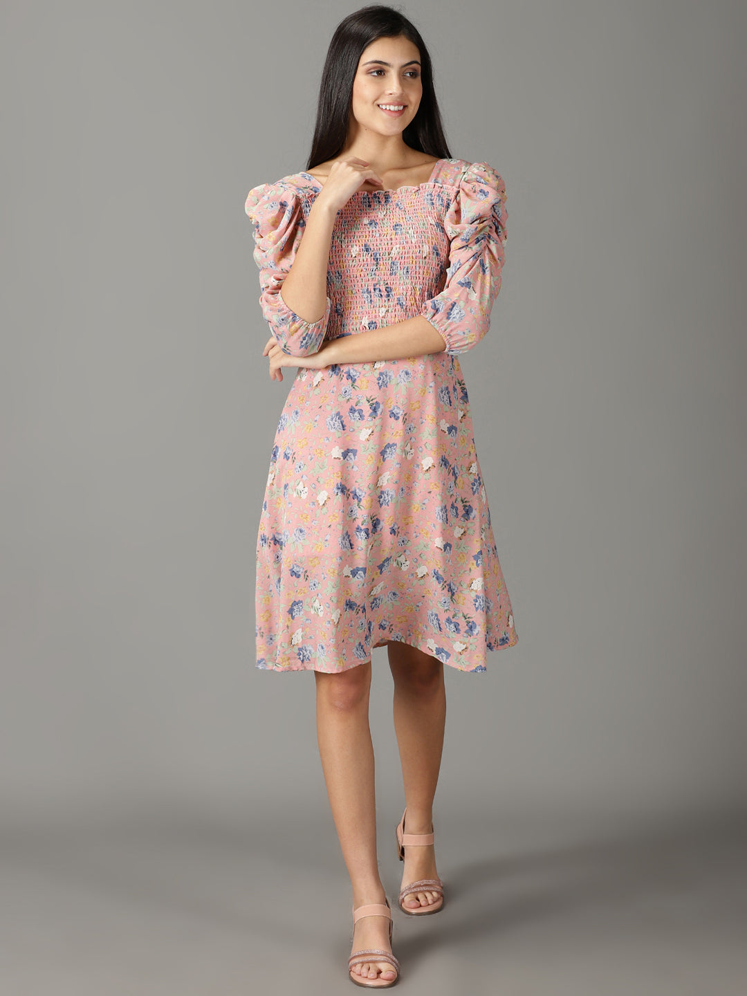 Women's Pink Floral Chiffon A-Line Dress