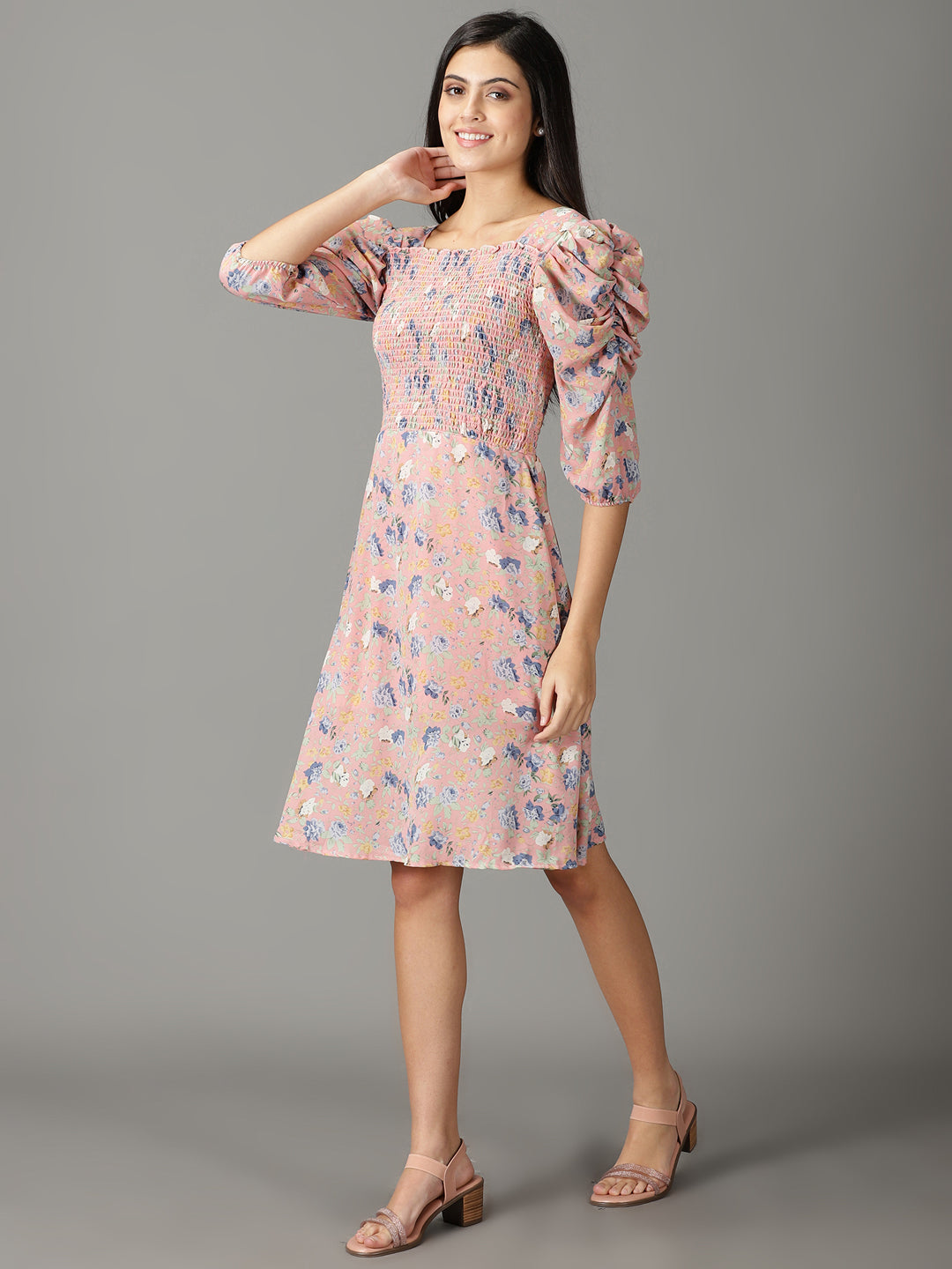 Women's Pink Floral Chiffon A-Line Dress