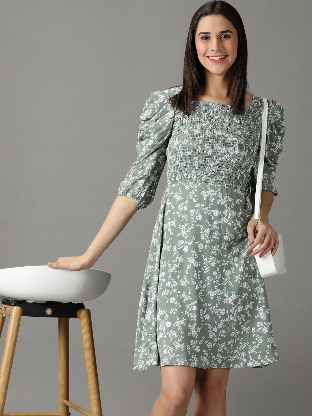 Women's Sea Green Floral Printed Smocked Puff Sleeves A-Line Dress