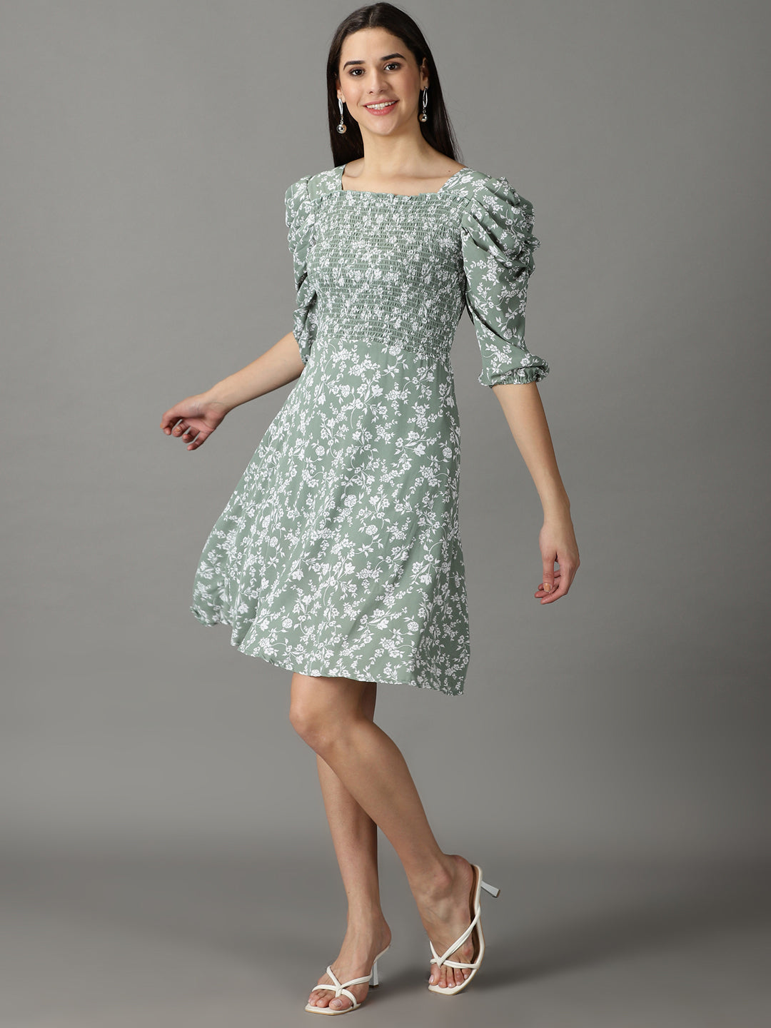 Women's Sea Green Floral Printed Smocked Puff Sleeves A-Line Dress